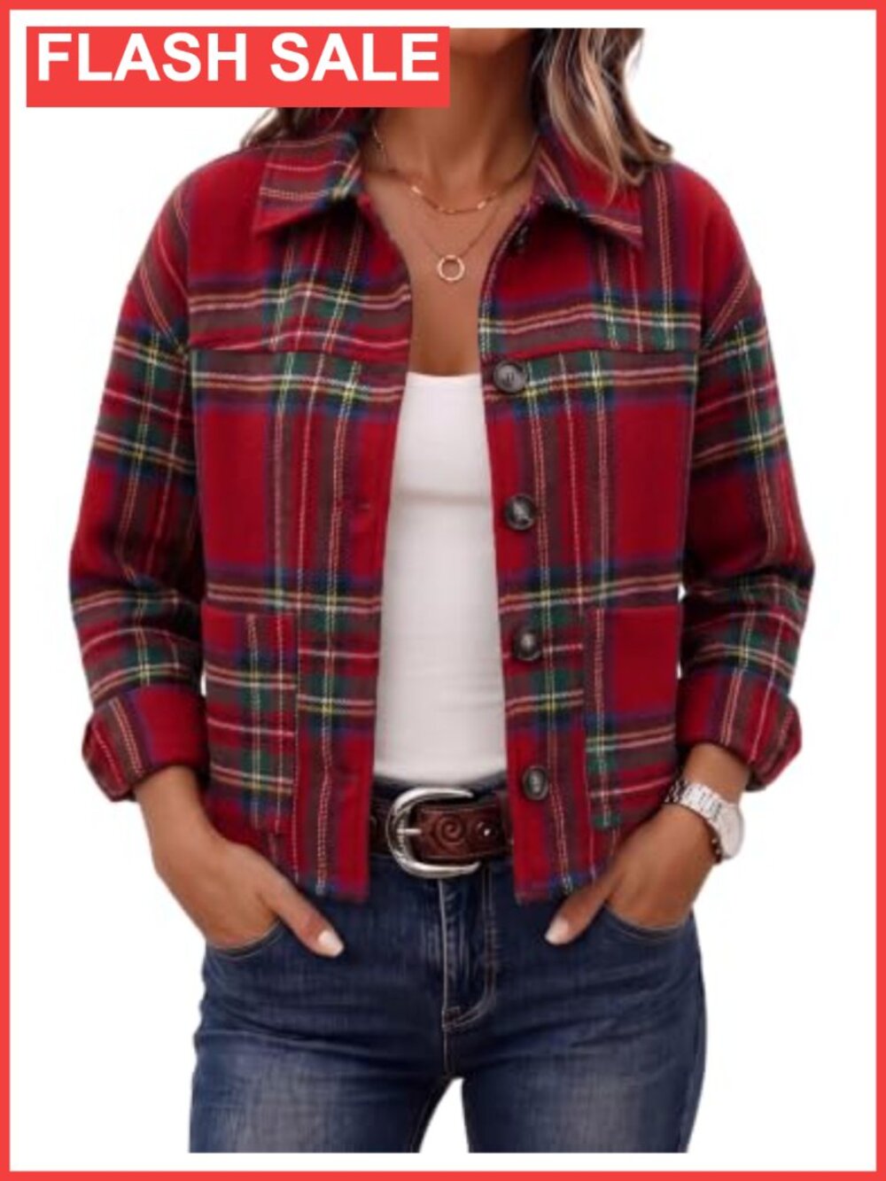 LOMON Women's Flannel Cropped Plaid Shacket Button Down Fall Outfit